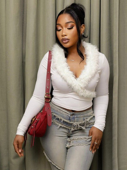 Fur Trim V - Neck Long Sleeve Cropped Top - TayDiane
