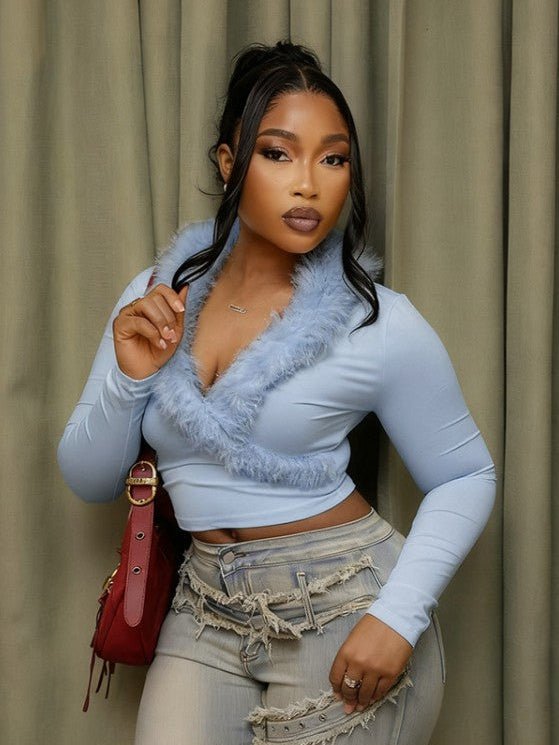 Fur Trim V - Neck Long Sleeve Cropped Top - TayDiane