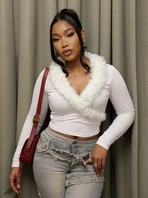 Fur Trim V - Neck Long Sleeve Cropped Top - TayDiane