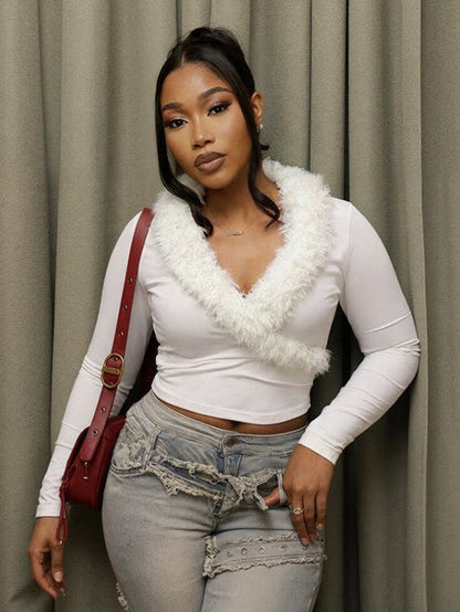 Fur Trim V - Neck Long Sleeve Cropped Top - TayDiane
