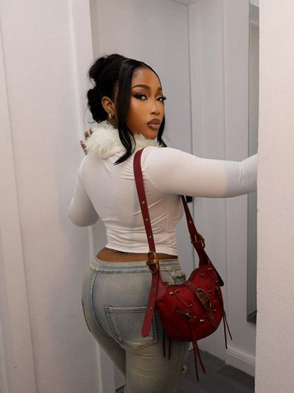 Fur Trim V - Neck Long Sleeve Cropped Top - TayDiane