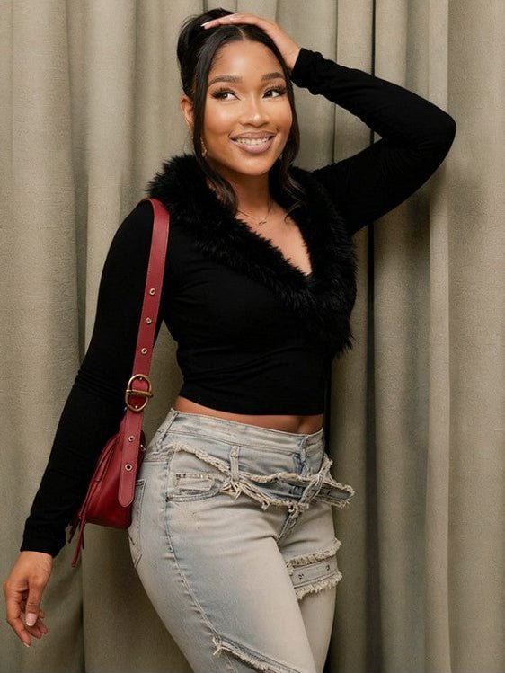Fur Trim V - Neck Long Sleeve Cropped Top - TayDiane