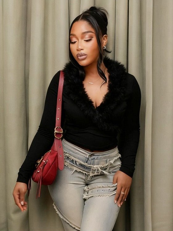 Fur Trim V - Neck Long Sleeve Cropped Top - TayDiane
