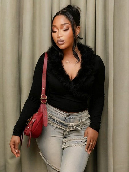Fur Trim V - Neck Long Sleeve Cropped Top - TayDiane