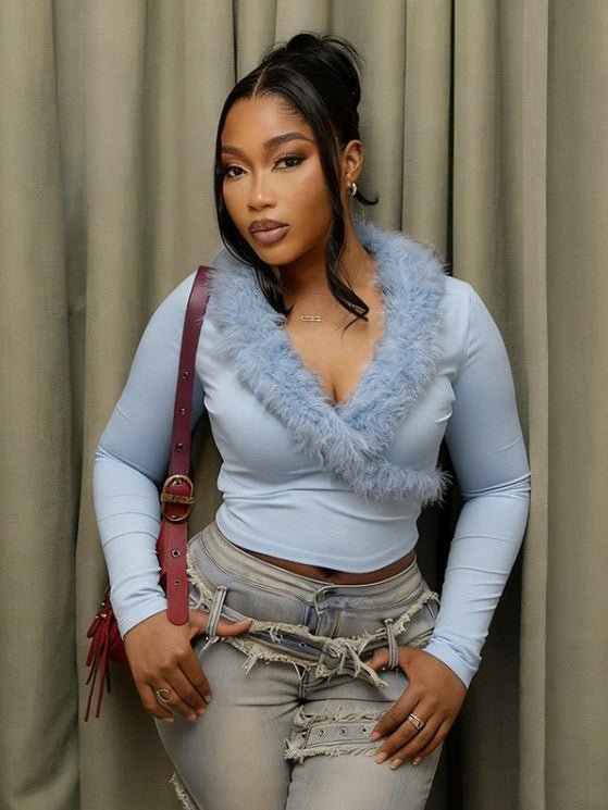 Fur Trim V - Neck Long Sleeve Cropped Top - TayDiane