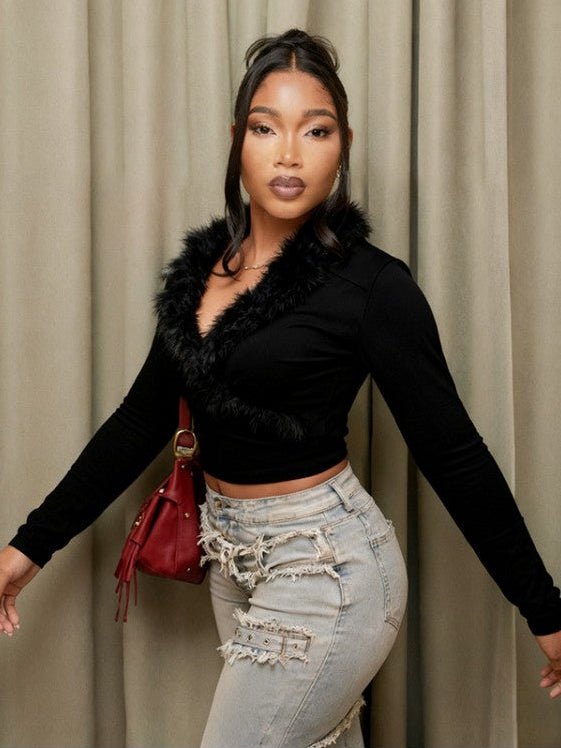 Fur Trim V - Neck Long Sleeve Cropped Top - TayDiane
