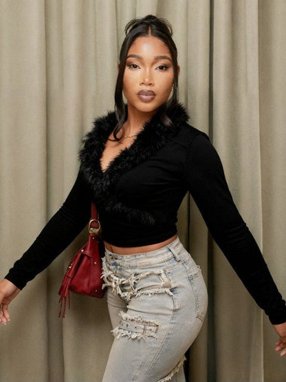 Fur Trim V - Neck Long Sleeve Cropped Top - TayDiane