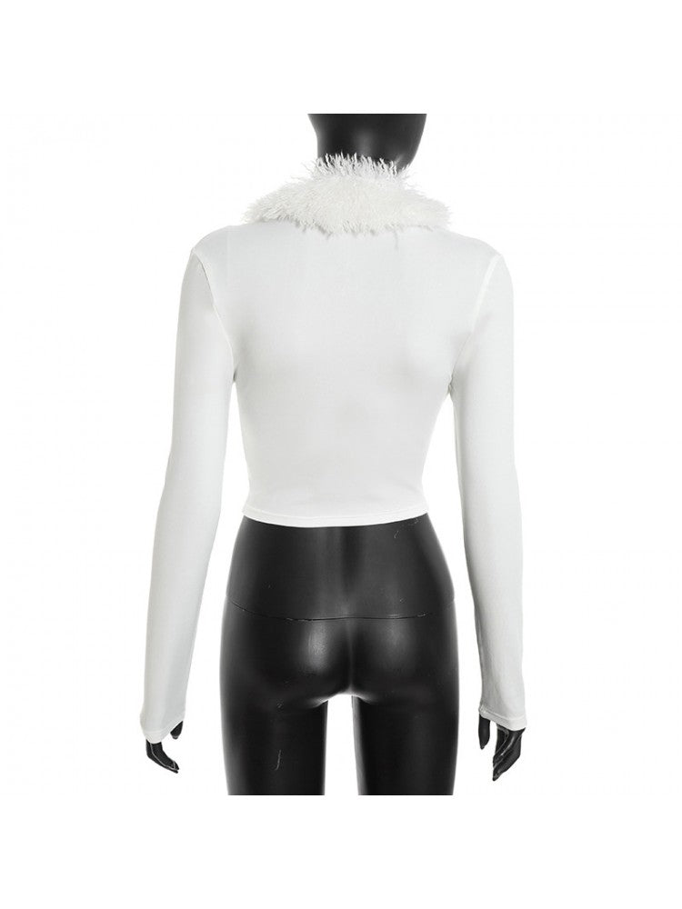 Fur Trim V - Neck Long Sleeve Cropped Top - TayDiane