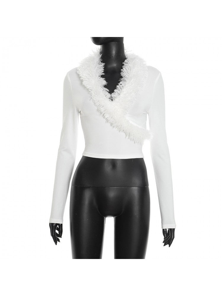Fur Trim V - Neck Long Sleeve Cropped Top - TayDiane