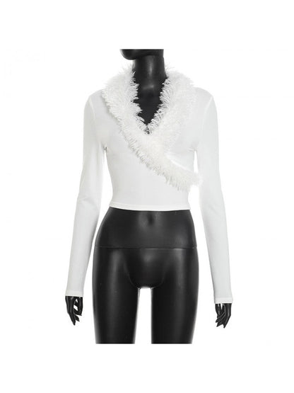 Fur Trim V - Neck Long Sleeve Cropped Top - TayDiane