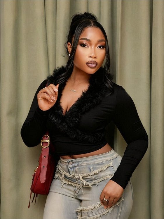 Fur Trim V - Neck Long Sleeve Cropped Top - TayDiane