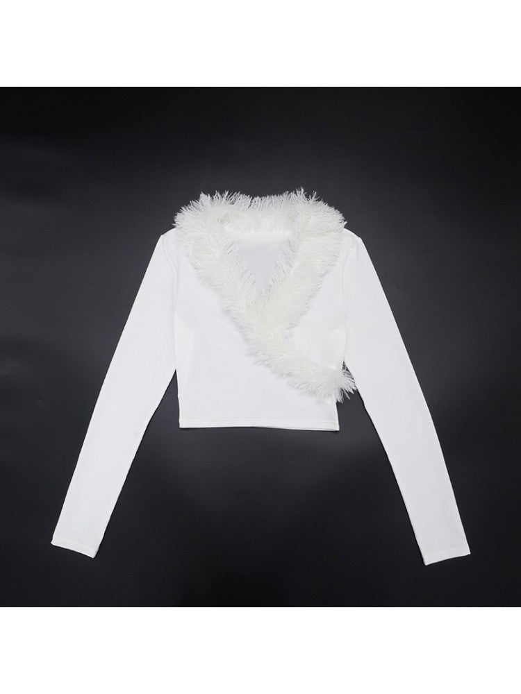 Fur Trim V - Neck Long Sleeve Cropped Top - TayDiane