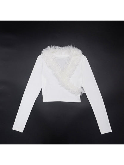 Fur Trim V - Neck Long Sleeve Cropped Top - TayDiane