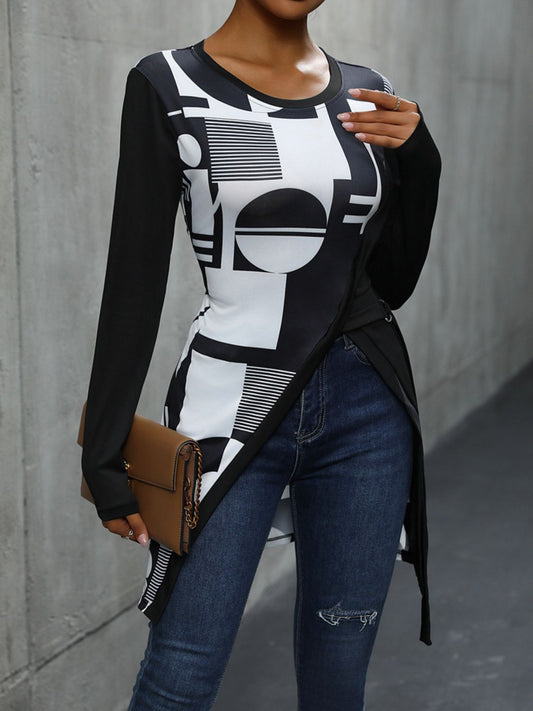 Geometric Round Neck Long Sleeve Shirt - TayDiane