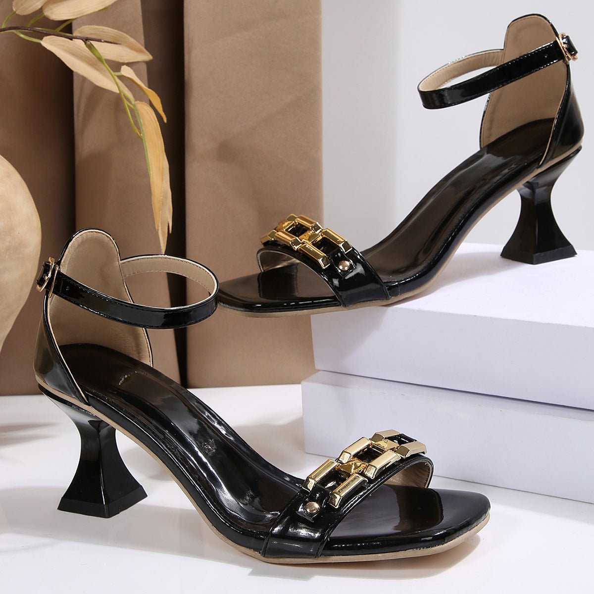 Gold Accent Block Heel Sandals - TayDiane