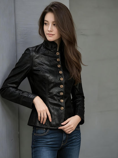 Gold Button Faux Leather Jacket - Taydiane