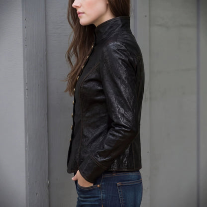 Gold Button Faux Leather Jacket - Taydiane