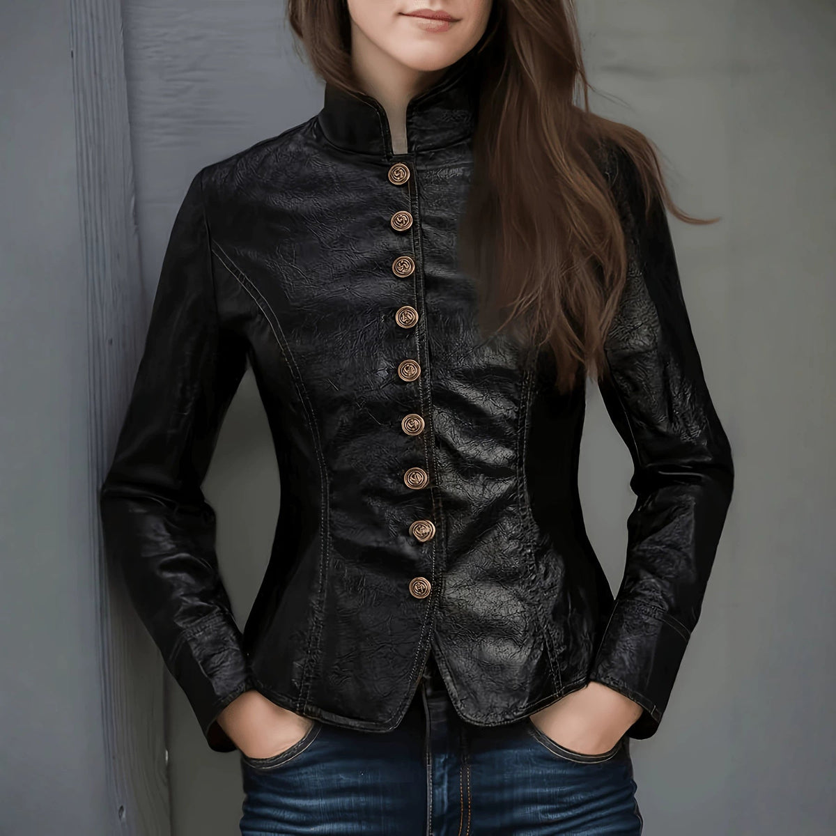 Gold Button Faux Leather Jacket - Taydiane