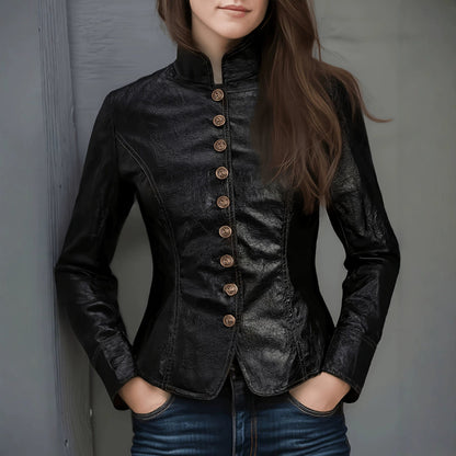Gold Button Faux Leather Jacket - Taydiane