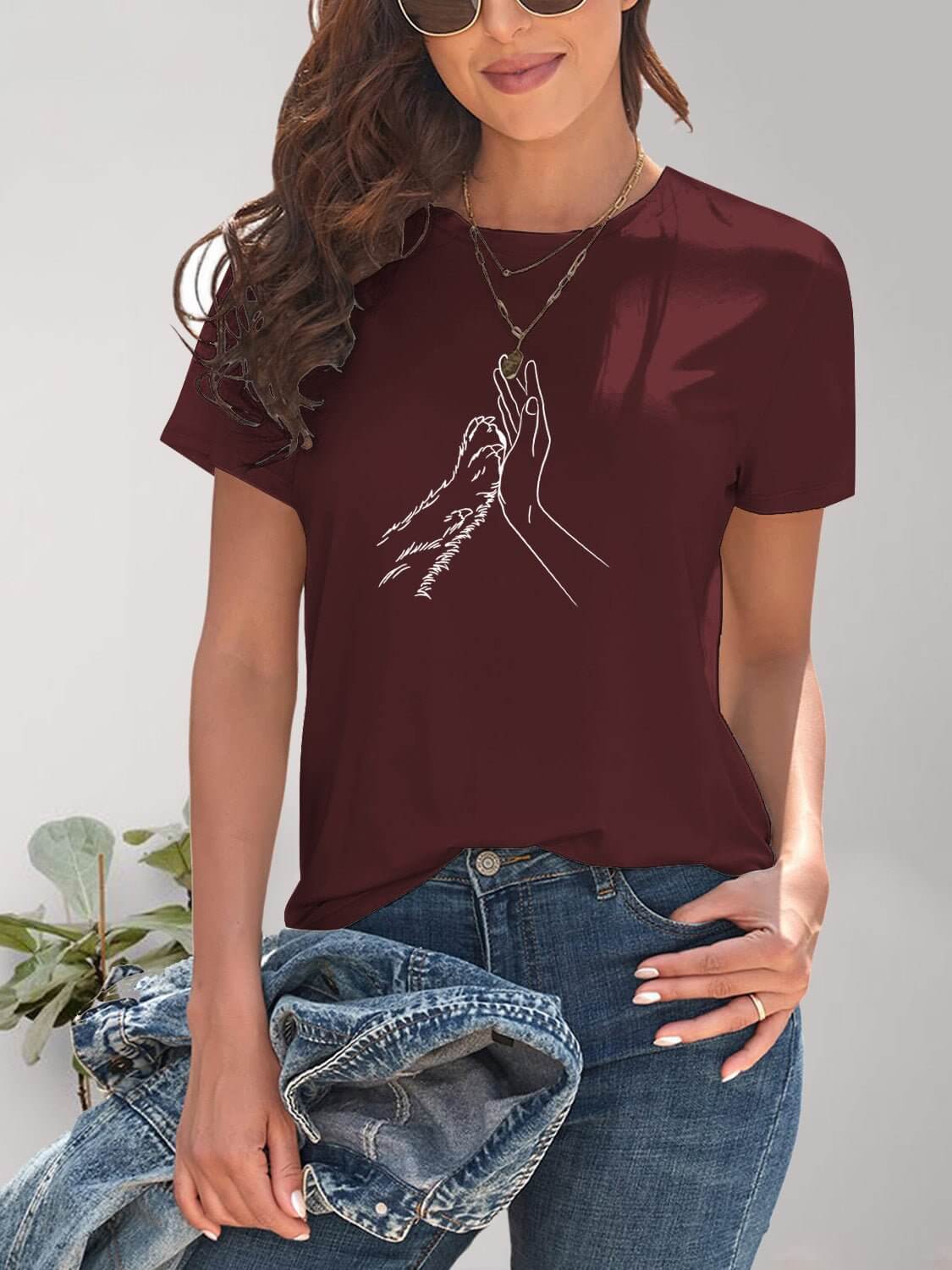 Graphic Round Neck Short Sleeve T - Shirt - TayDiane