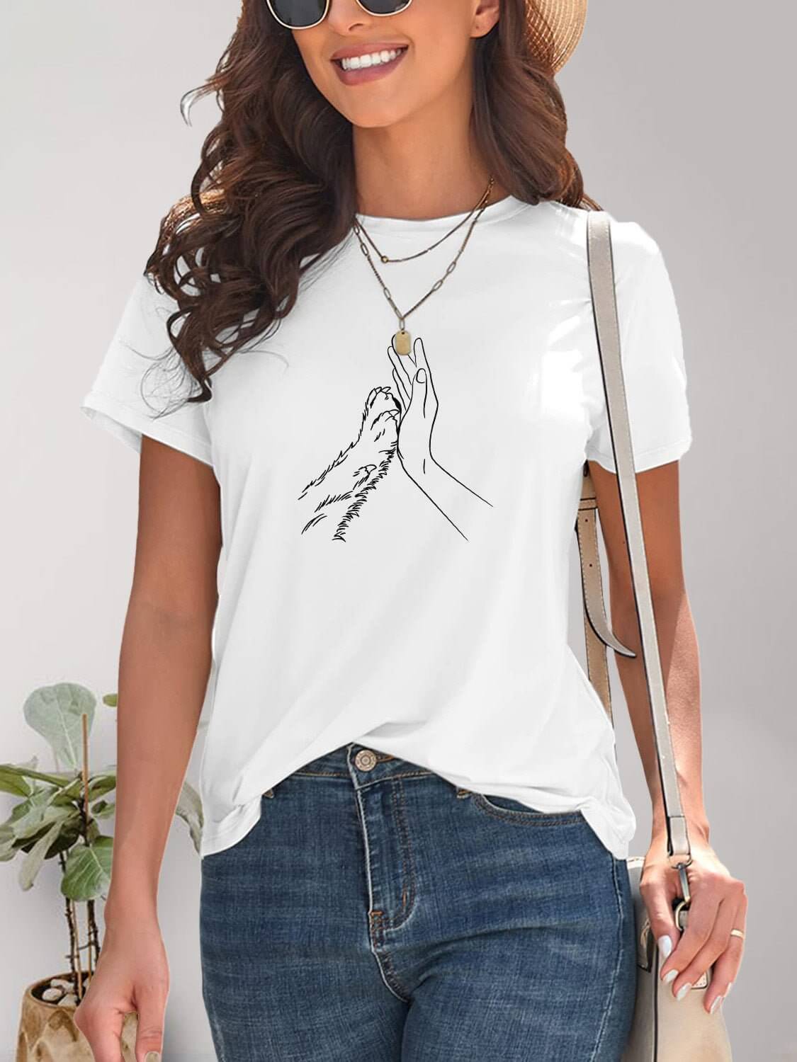 Graphic Round Neck Short Sleeve T - Shirt - TayDiane