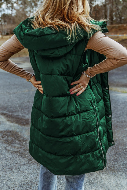 Green Hooded Pocket Quilted Long Vest Coat - TayDiane