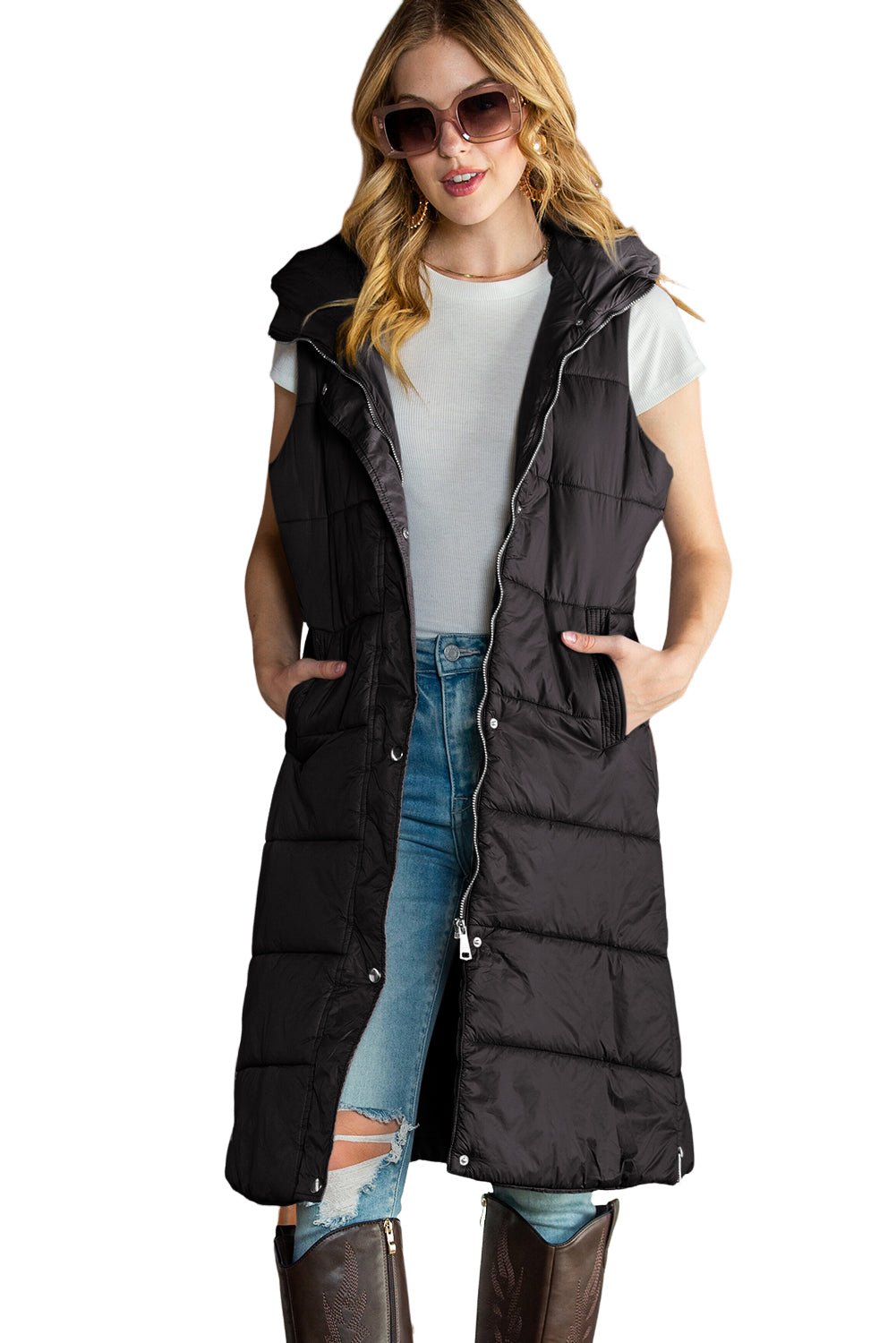 Green Hooded Pocket Quilted Long Vest Coat - TayDiane