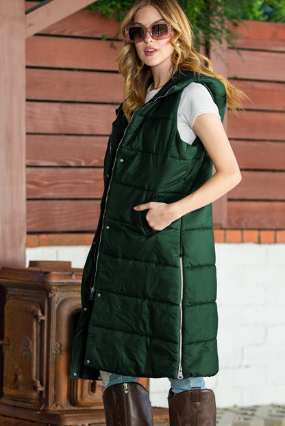 Green Hooded Pocket Quilted Long Vest Coat - TayDiane