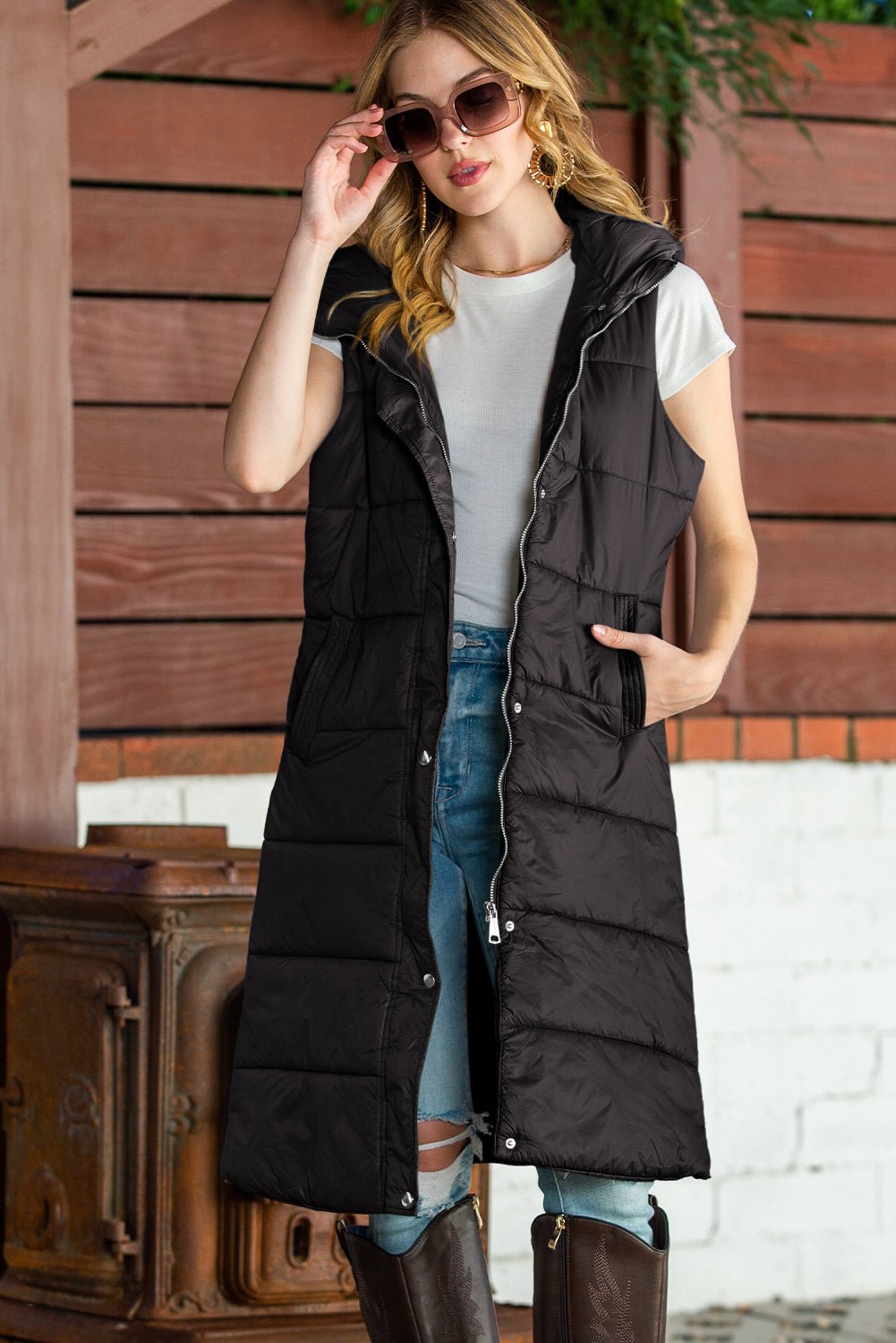 Green Hooded Pocket Quilted Long Vest Coat - TayDiane