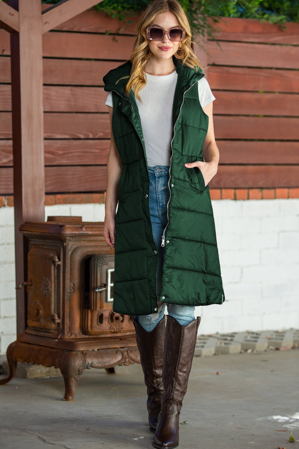 Green Hooded Pocket Quilted Long Vest Coat - TayDiane