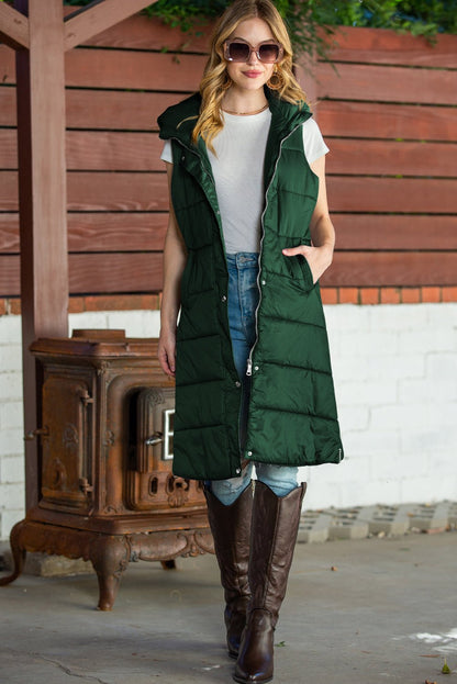 Green Hooded Pocket Quilted Long Vest Coat - TayDiane