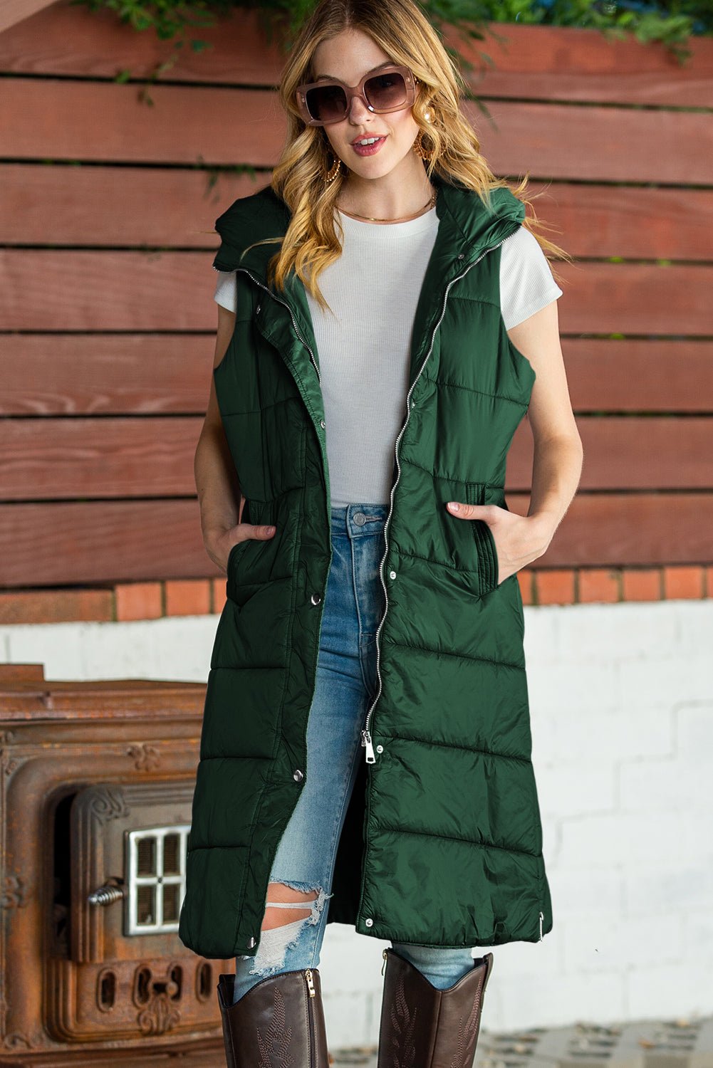 Green Hooded Pocket Quilted Long Vest Coat - TayDiane