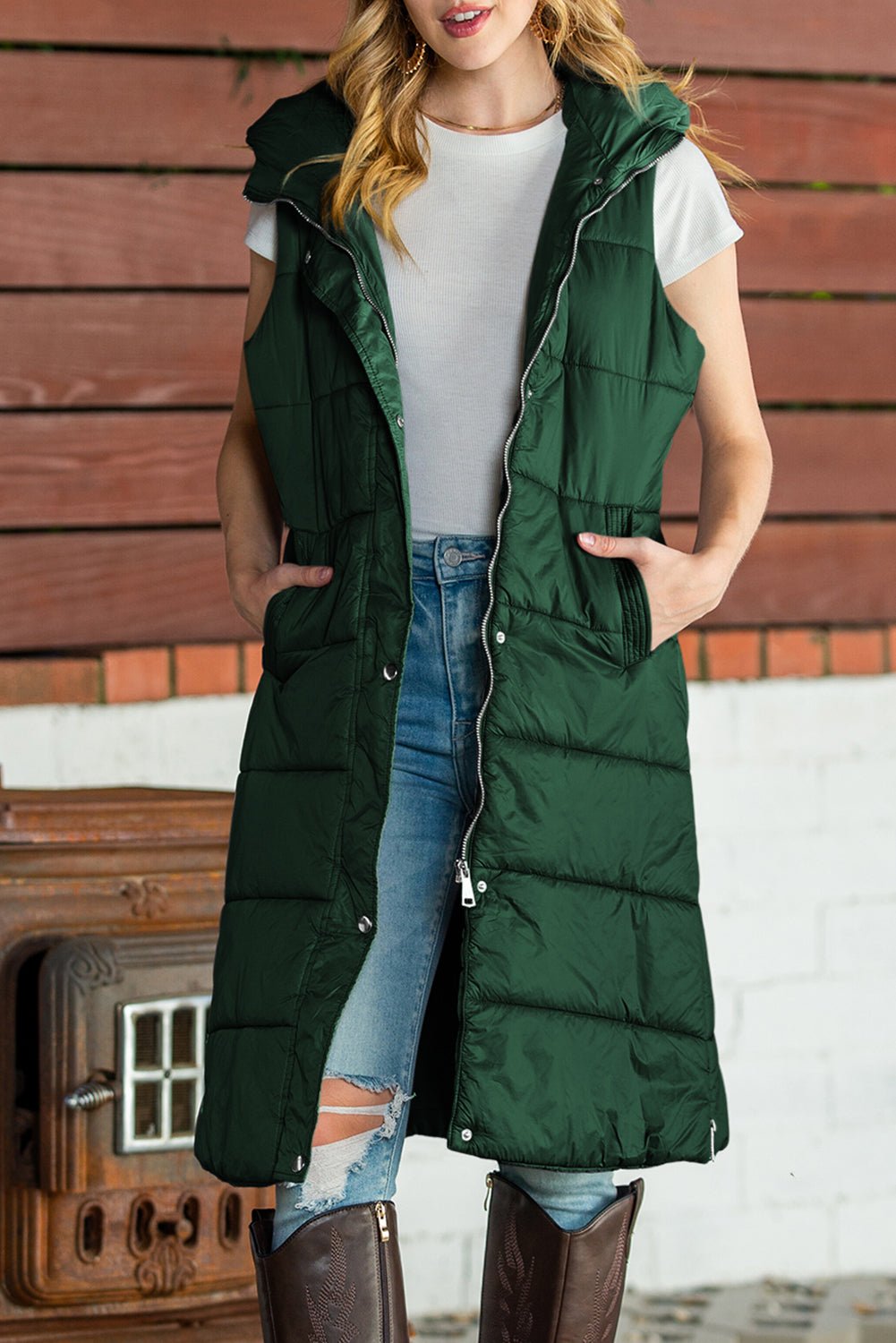 Green Hooded Pocket Quilted Long Vest Coat - TayDiane