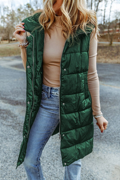 Green Hooded Pocket Quilted Long Vest Coat - TayDiane