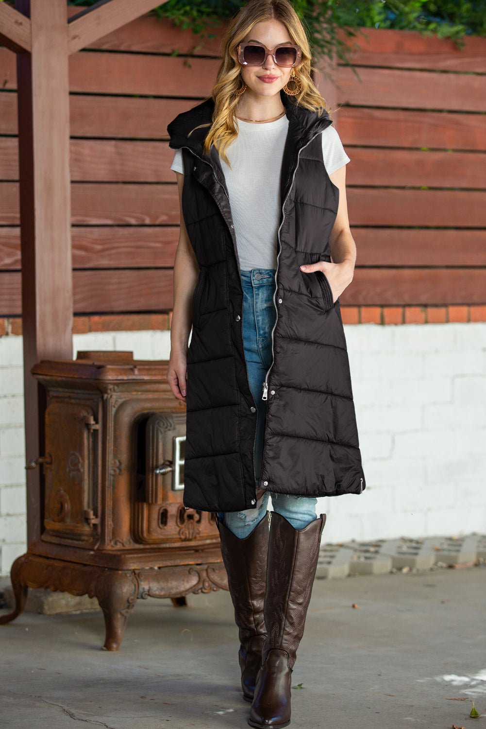 Green Hooded Pocket Quilted Long Vest Coat - TayDiane