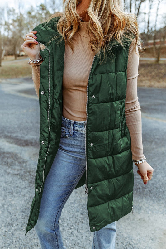 Green Hooded Pocket Quilted Long Vest Coat - TayDiane