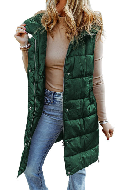 Green Hooded Pocket Quilted Long Vest Coat - TayDiane