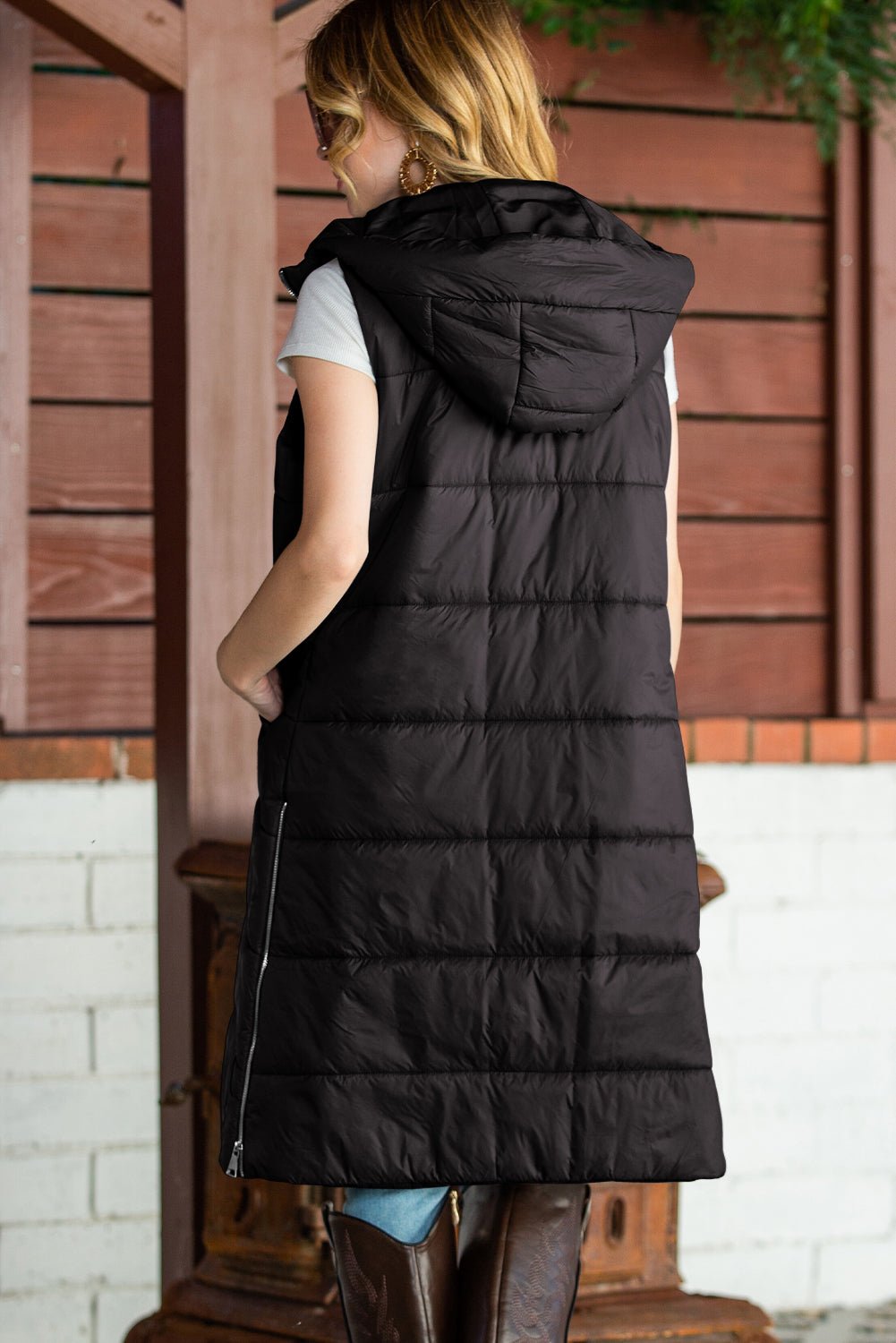 Green Hooded Pocket Quilted Long Vest Coat - TayDiane