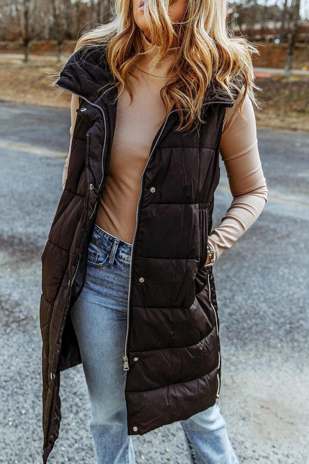 Green Hooded Pocket Quilted Long Vest Coat - TayDiane