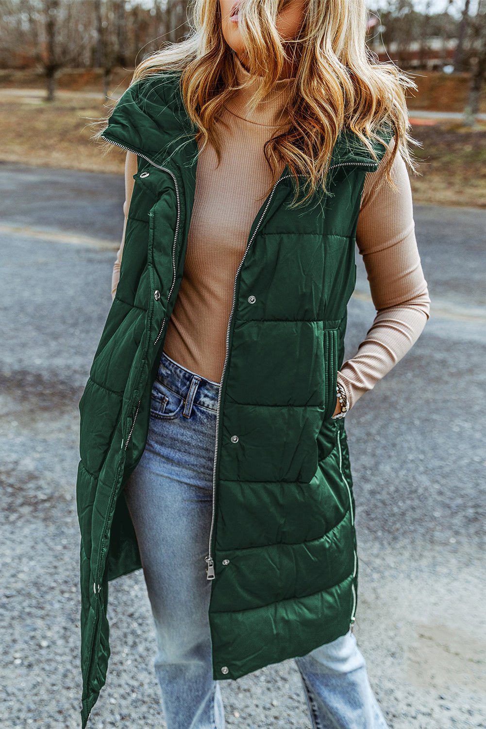 Green Hooded Pocket Quilted Long Vest Coat - TayDiane