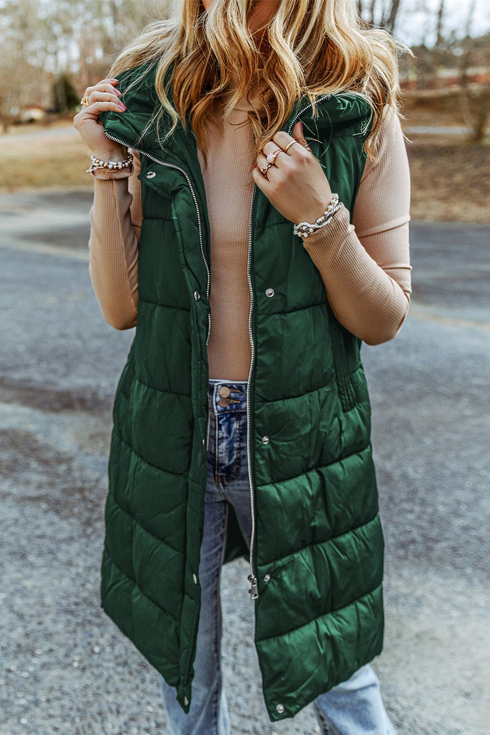 Green Hooded Pocket Quilted Long Vest Coat - TayDiane