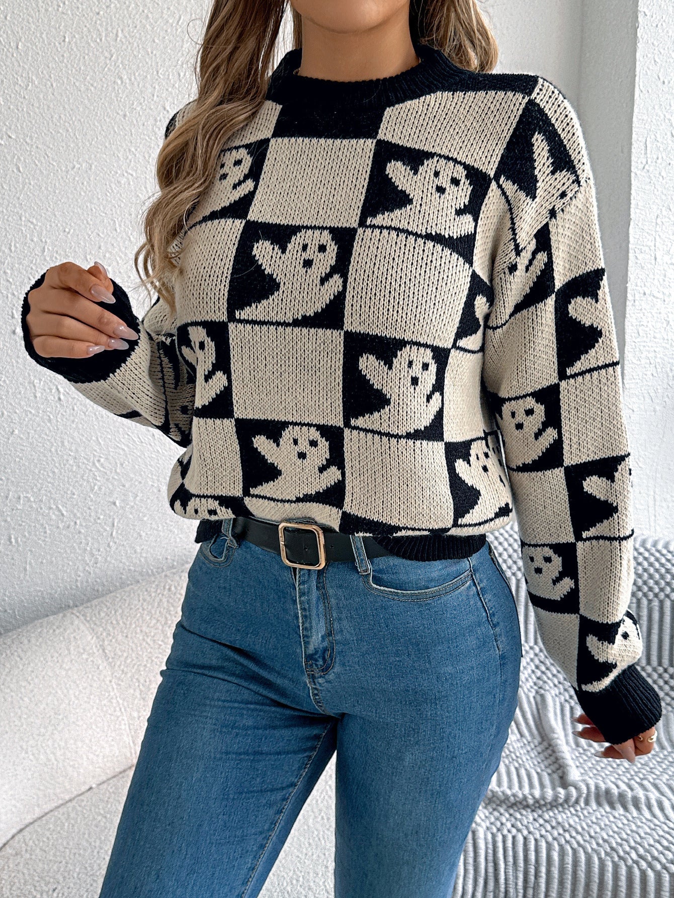 Halloween Checkerboard Graphic Sweater - TayDiane