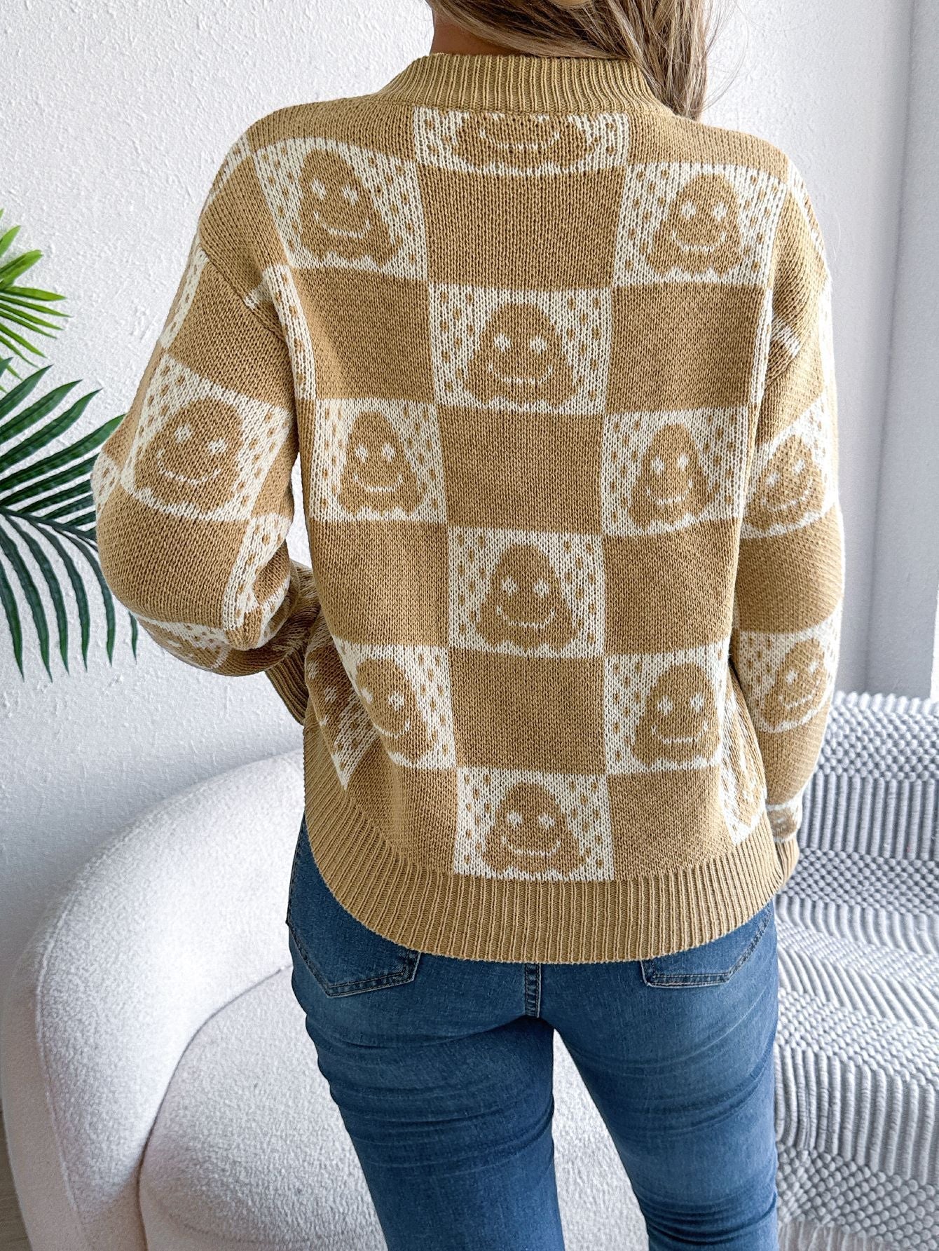Halloween Checkerboard Graphic Sweater - TayDiane