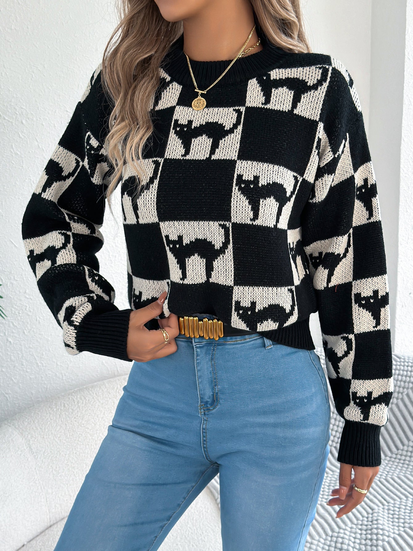 Halloween Checkerboard Graphic Sweater - TayDiane