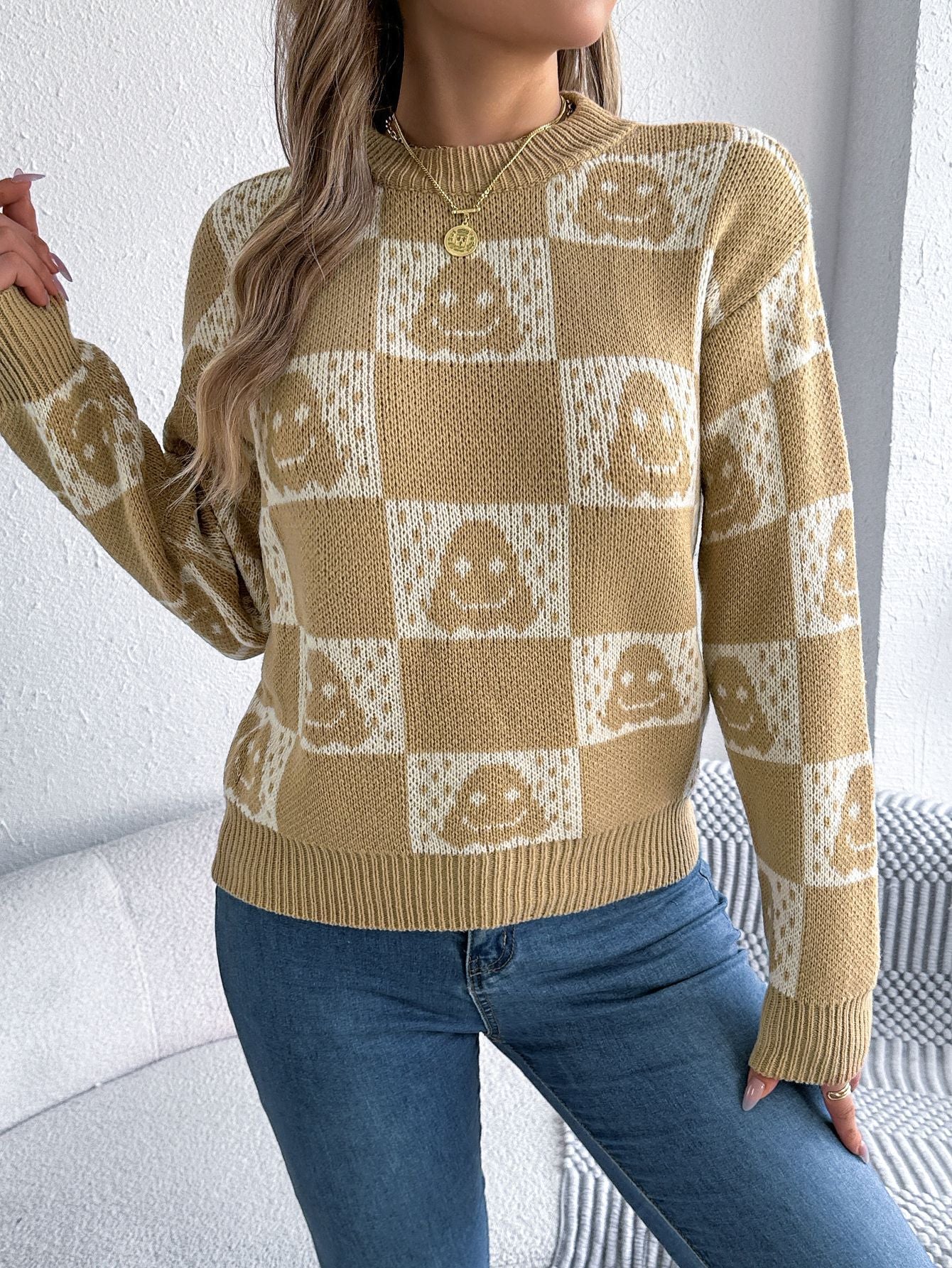 Halloween Checkerboard Graphic Sweater - TayDiane