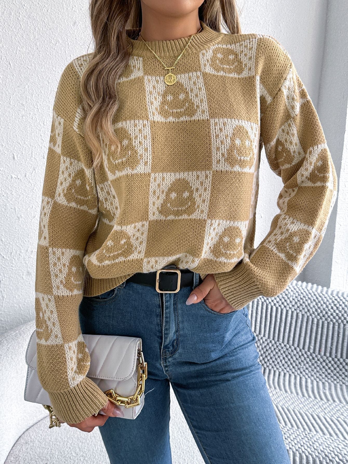 Halloween Checkerboard Graphic Sweater - TayDiane