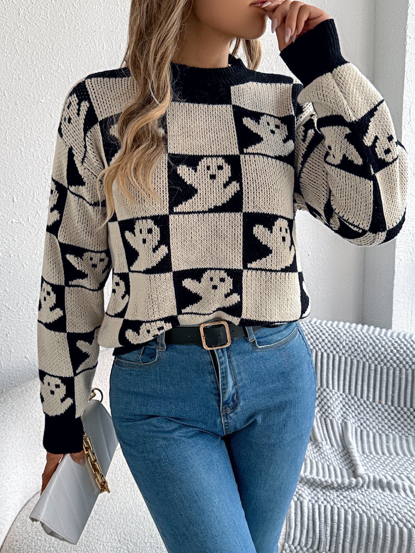 Halloween Checkerboard Graphic Sweater - TayDiane