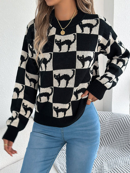Halloween Checkerboard Graphic Sweater - TayDiane
