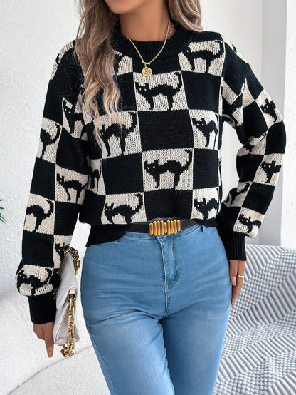 Halloween Checkerboard Graphic Sweater - TayDiane