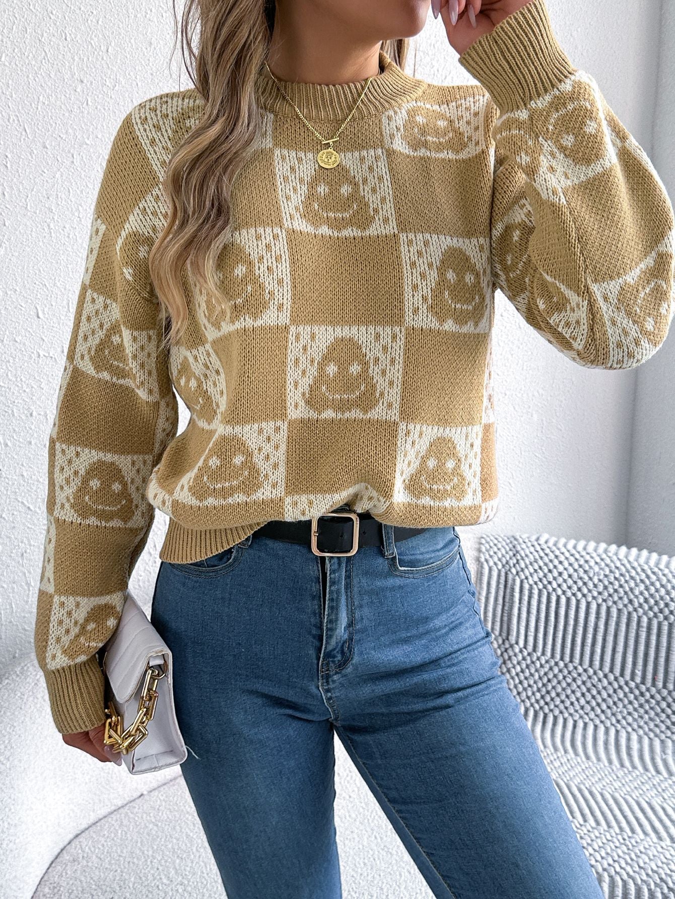 Halloween Checkerboard Graphic Sweater - TayDiane